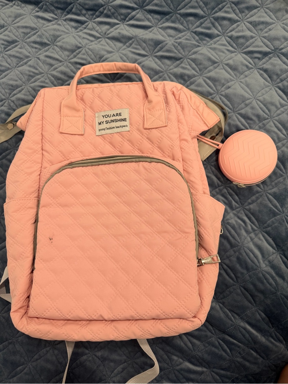 'You Are My Sunshine' Quilted Pink Backpack Diaper Bag with Binky/Pacifier clip